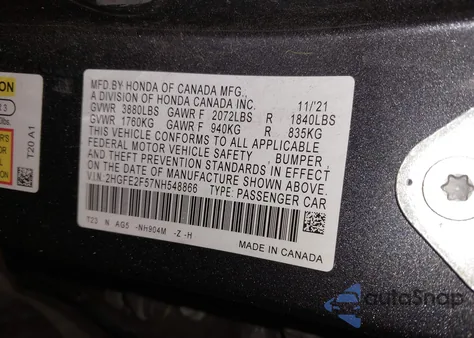 2022 Honda Civic Sport from USA, damaged, VIN 2HGFE2F57NH548866